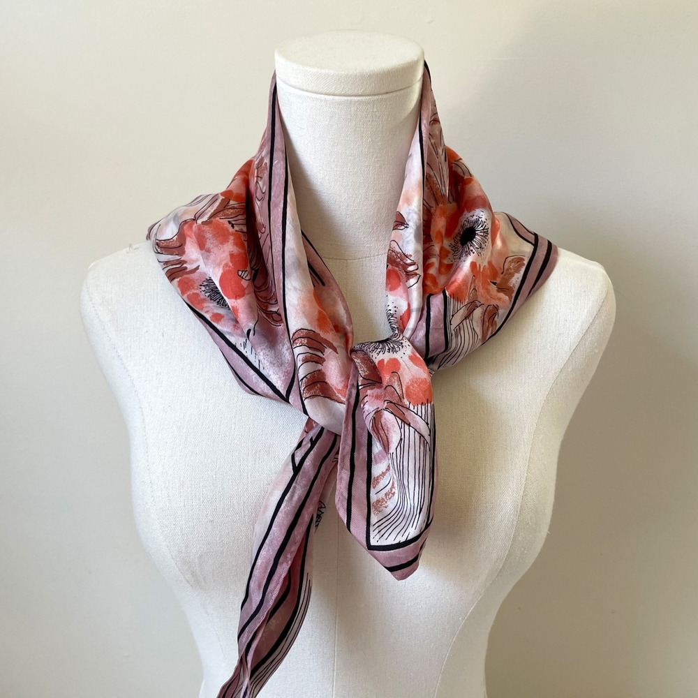 Vintage Vera Neumann Square Scarf Orange Poppy Floral Striped Japan 70s MCM